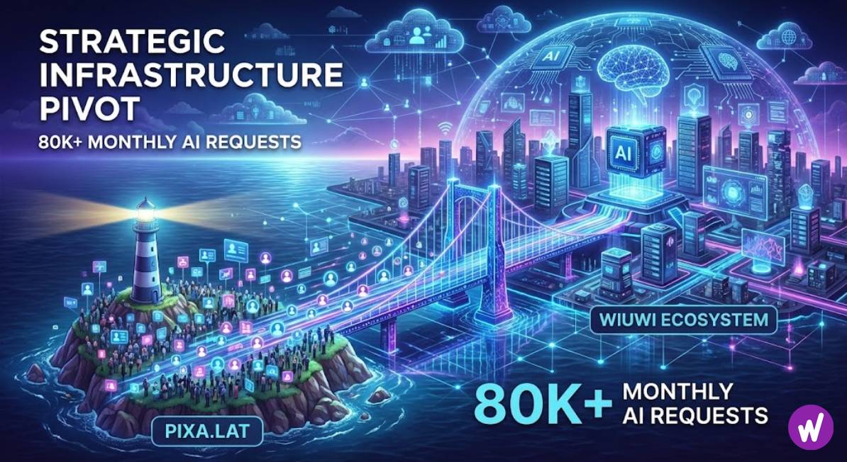 A futuristic 3D illustration showing a glowing digital bridge connecting a crowded, small island labeled "Pixa.lat" to a massive, high-tech neon metropolis labeled "Wiuwi Ecosystem." The image visualizes the migration of 80,000+ monthly AI requests via a strategic infrastructure pivot.